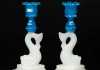 Pair of Boston and Sandwich Glass Company Pressed Blue and Clambroth Dolphin Candlesticks